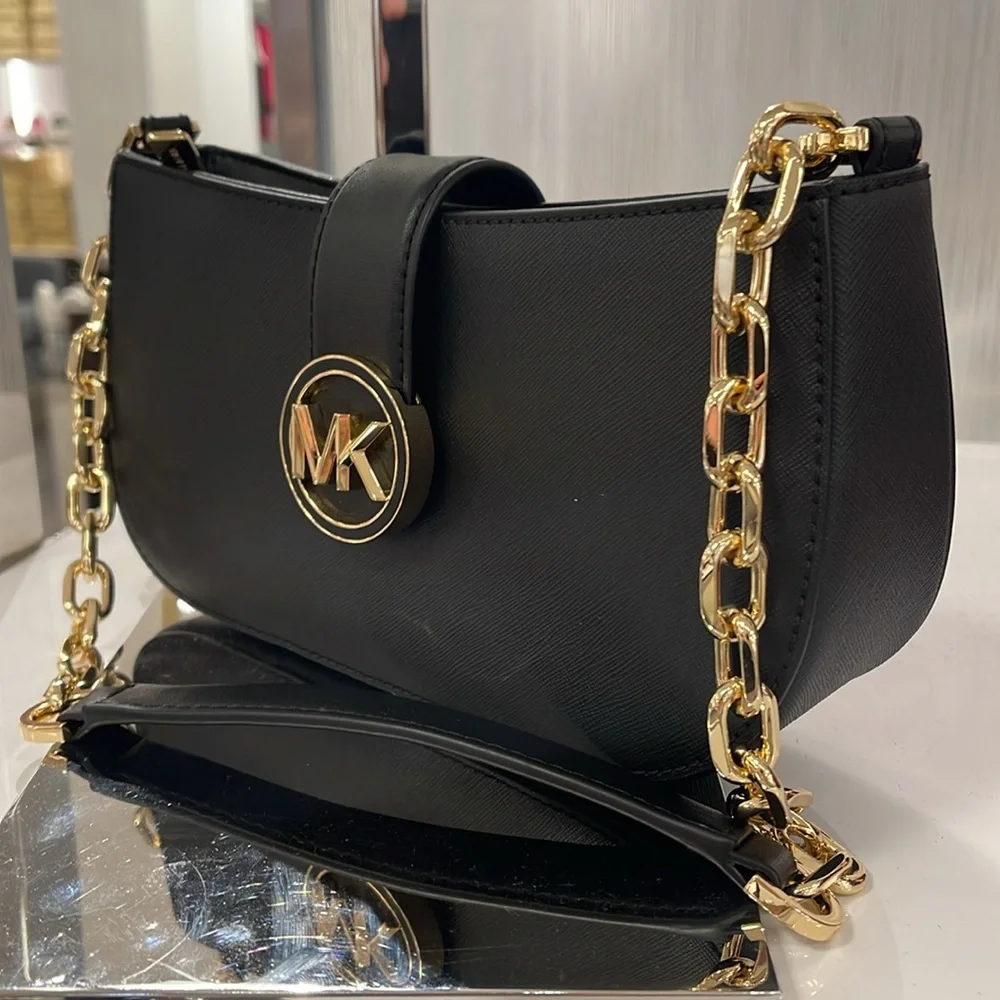 MICHAEL KORS CARMEN SMALL POUCHETTE SHOULDER CHAIN BAG BLACK/GOLD TONED HARDWARE - Picture 8 of 16